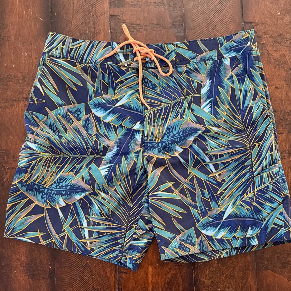 J. Crew Blue and Green Leaf Print Men's Swim Shorts